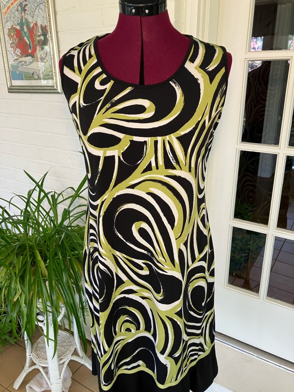 Studio I Black, Olive & Cream Abstract Scoop Neck Dress